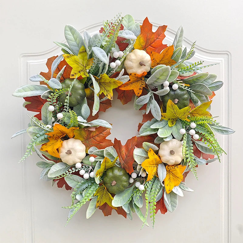 45cm Fall Wreaths Pumpkin Berry Maple Leaf Artificial Wreath Harvest Autumn Door Wreath Christmas New Years Home Hanging Decor