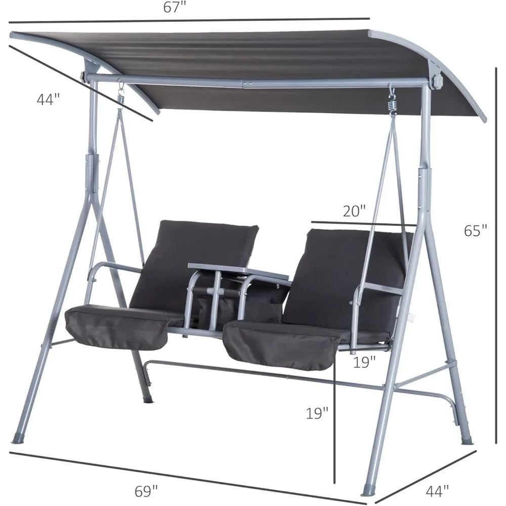 2 Person Porch Swing with Stand, Outdoor Swing with Canopy, Pivot Storage Table, 2 Cup Holders, Cushions for Patio, Backyard