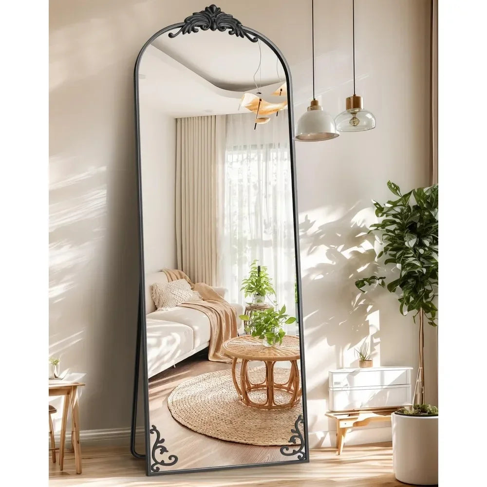 Arched Full Length Mirror,Floor Mirror Freestanding with Carved Metal Frame&Bottom Art Carved,Standing/Halling Large Wall Mirror