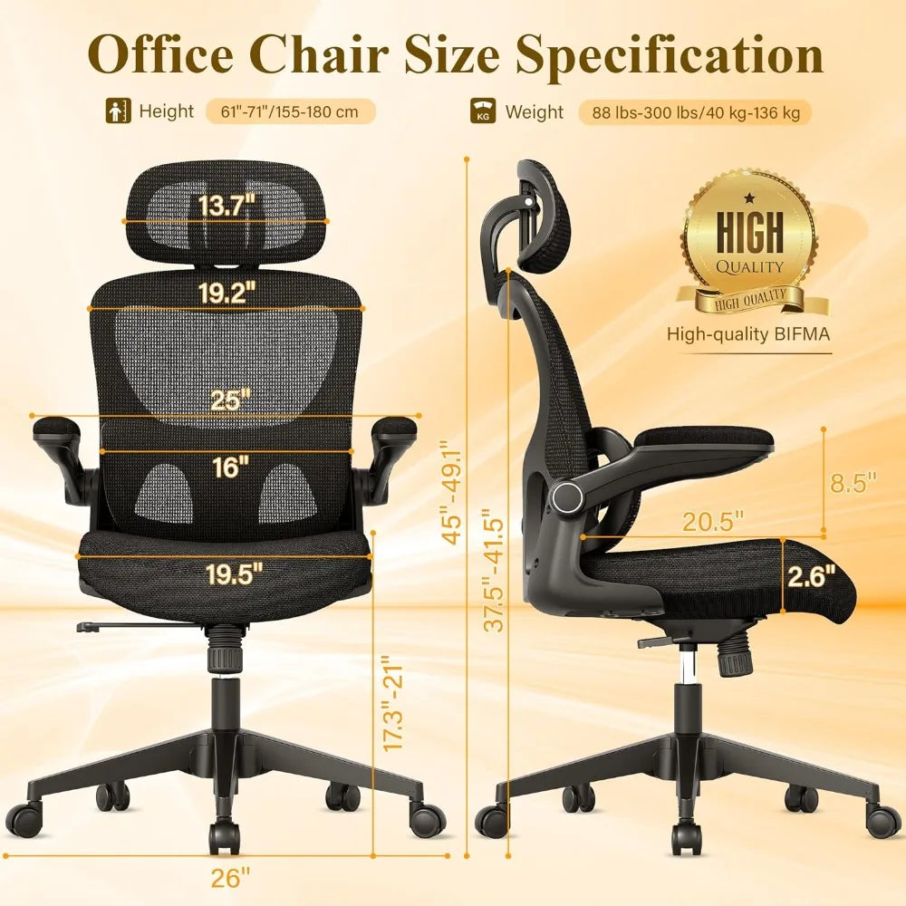 Ergonomic Mesh Office Chair, High Back Desk Chair with Adjustable Lumbar Support, Flip-Up Arm, Headrest, Swivel Rolling Wheel