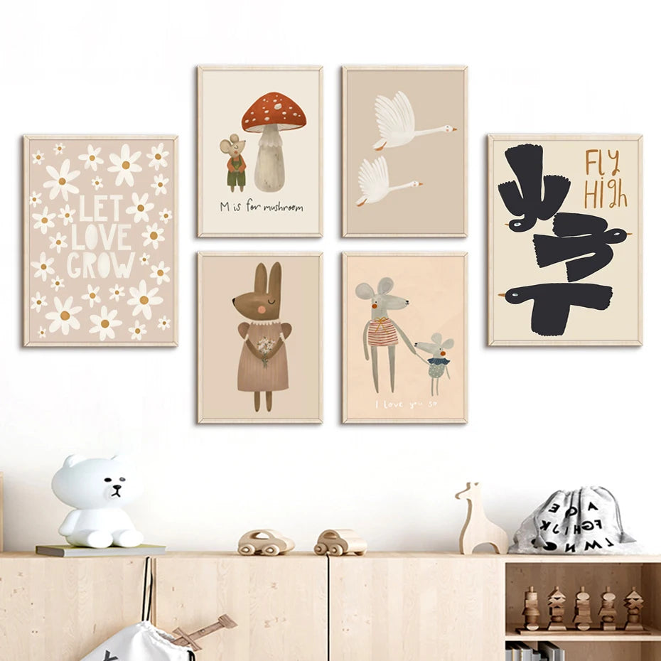 Boho Cartoon Rabbit, Mouse, Goose, Nursery Wall Art Canvas Painting Prints For Your Baby & Kids Room Décor