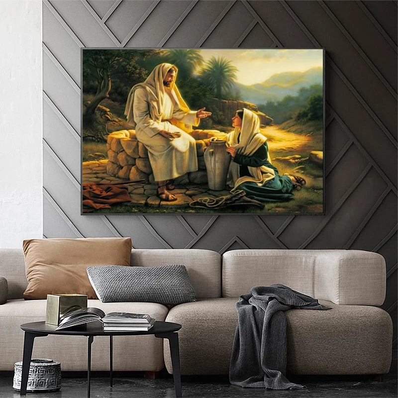 Beautiful Christian Depictions of The Shepherd Christ, Belief, Faith The Samaritan Woman,  Prints On Canvas Wall Art Décor