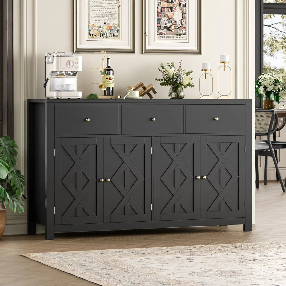 55.1” Large Sideboard Buffet Cabinet, Farmhouse Kitchen Cabinet with 3 Drawers