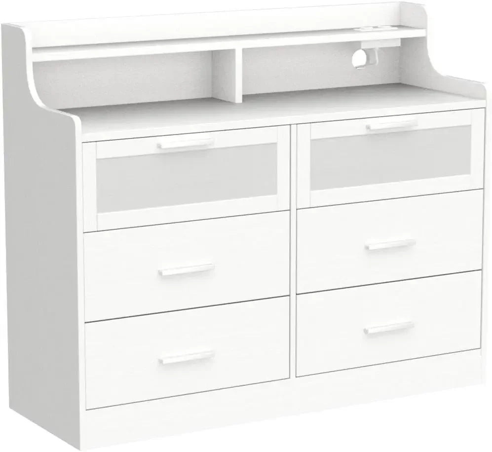 White 6 Drawer Dresser for Bedroom,Wide Chest of Drawers with Fence&Led Lights,Modern Wood Dresser with Charging Station