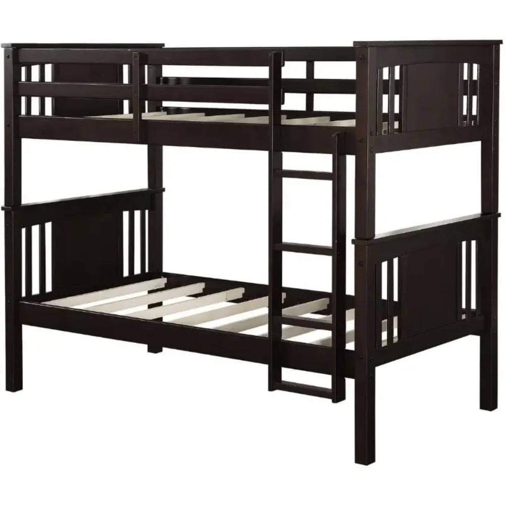 Wood Bunk Bed, Stackable and Detachable Bed Frames for Kids and Teens, with Ladder, High Guardrail.