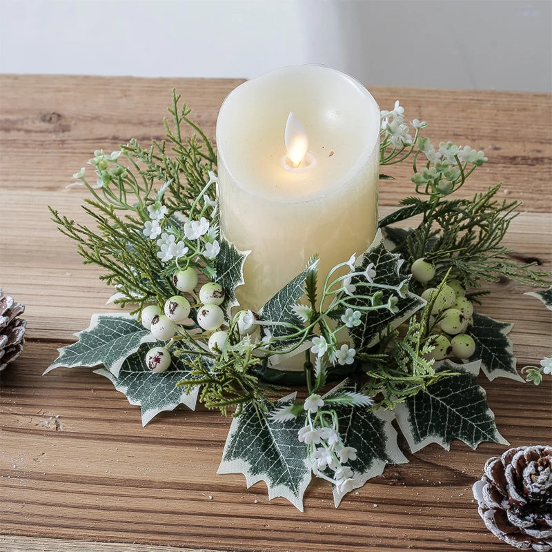 Christmas Candlestick Wreath Artificial Berry Garland Candle Ring