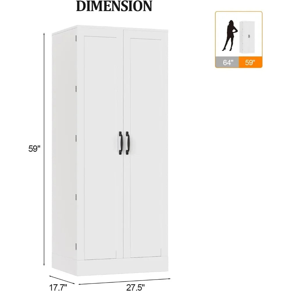 Pantry Cabinet,Tall White Kitchen Storage Cabinet with 2 Doors and Adjustable Shelves, 59" H Food Storage Freestanding Cupboard