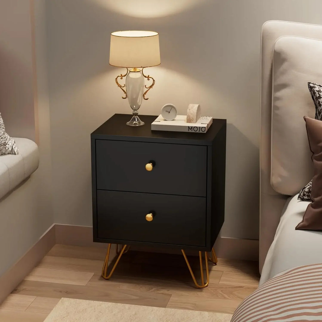 Nightstand, End Side Table, Bedside Table with 2 Drawers Night Stand Metal Legs and Knobs for Bedroom Living Room