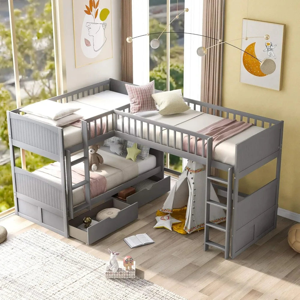 Size Bunk Bed with a Loft Bed Attached with 2 Drawers,L-Shaped Corner Triple Bunk Bed, Twin-Over-Twin Bunkbeds