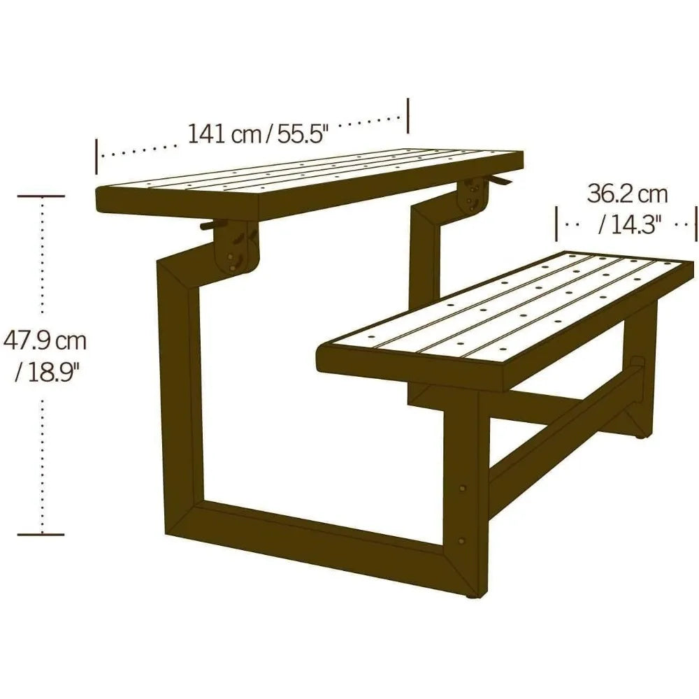 Convertible Bench / Table, Faux Wood Construction, Durable, weather-resistant simulated wood, Brown Outdoor Bench