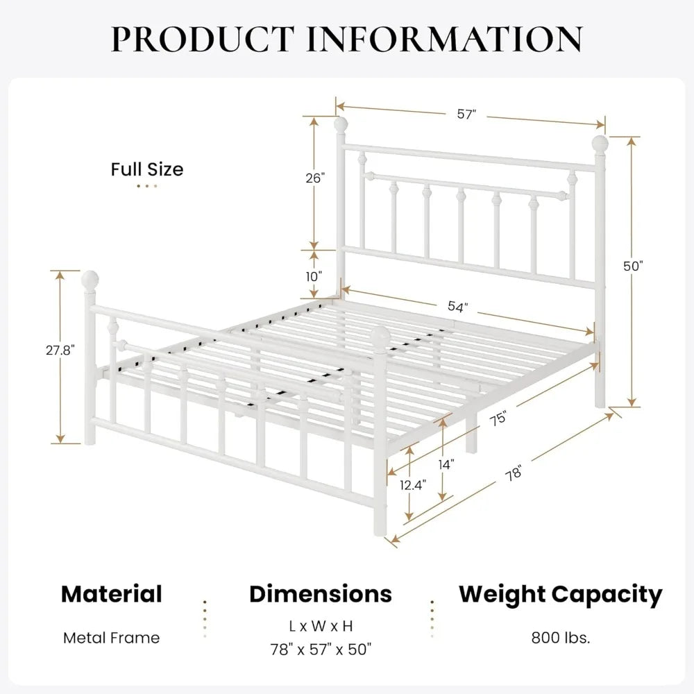 14'' Full Size Metal Platform Bed Frame/Victorian Headboard and Footboard/Steel Slats Mattress Foundation for Storage