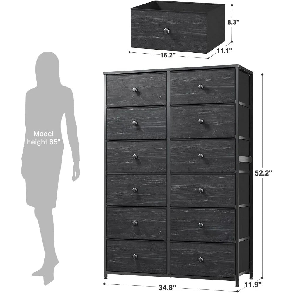 Tall Dressers for Bedroom, 12 Drawer Black Dresser & Chest of Drawers for Closet Hallway, Living Room, Bedroom Furniture