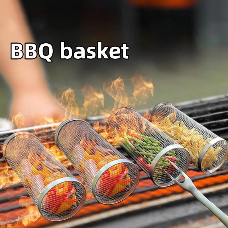 Rolling Grilling BBQ Basket Outdoor Picnic Camping Simple Cylindrical BBQ Grill Stainless Steel Leakproof Mesh Barbecue Rack