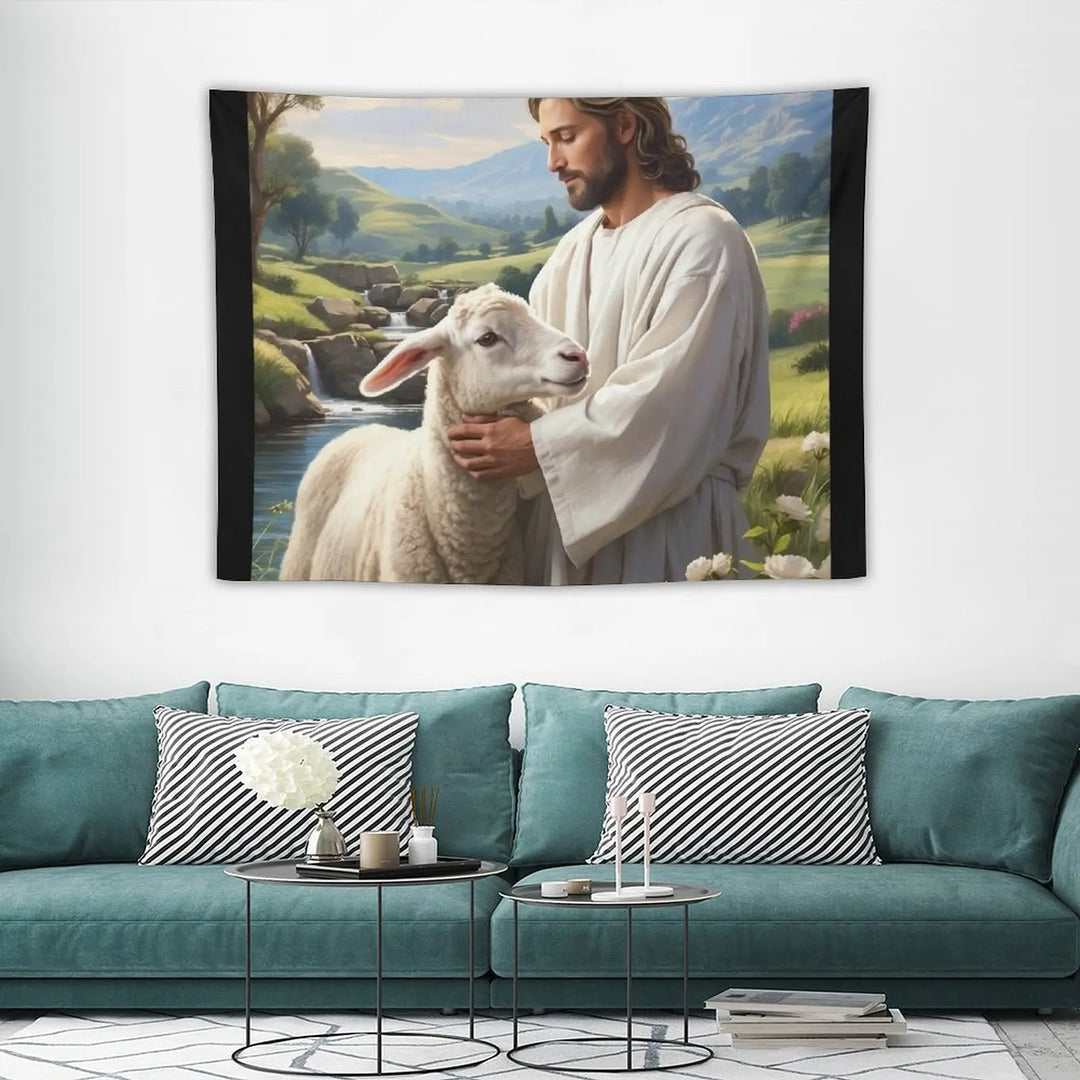 Christian Art: A Timeless Canvas Wall Décor of Jesus & Lamb Tapestry Room Decorator