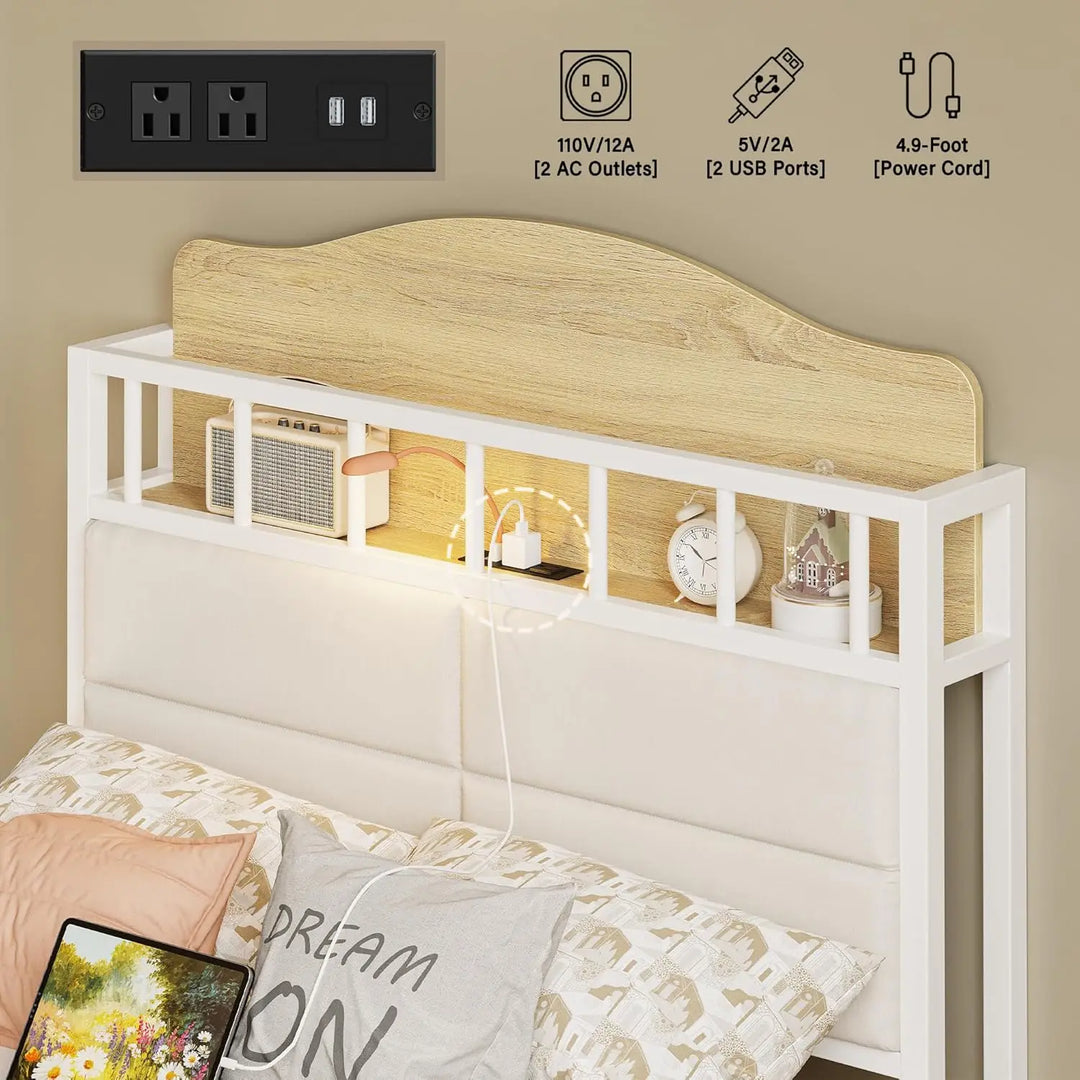 Multifunctional Headboard with Charging Station, Durable Metal Platform Bed, Noise-Free, No Box Spring Needed, White