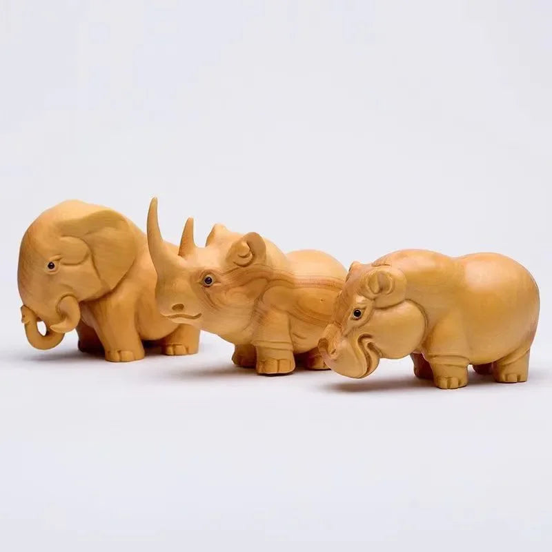 Manual Wood Carving Wooden Product Rhino Hippo Elephant Room Home decor Car Ornaments Decoration Sculptures & Figurines Kawaii