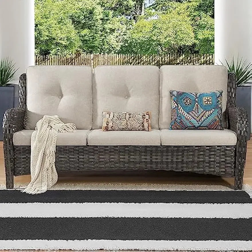 Outdoor Patio Couch Wicker Sofa - 3 Seater Rattan Sofa for Outside Patio Garden with Deep Seating and Olefin Cushions