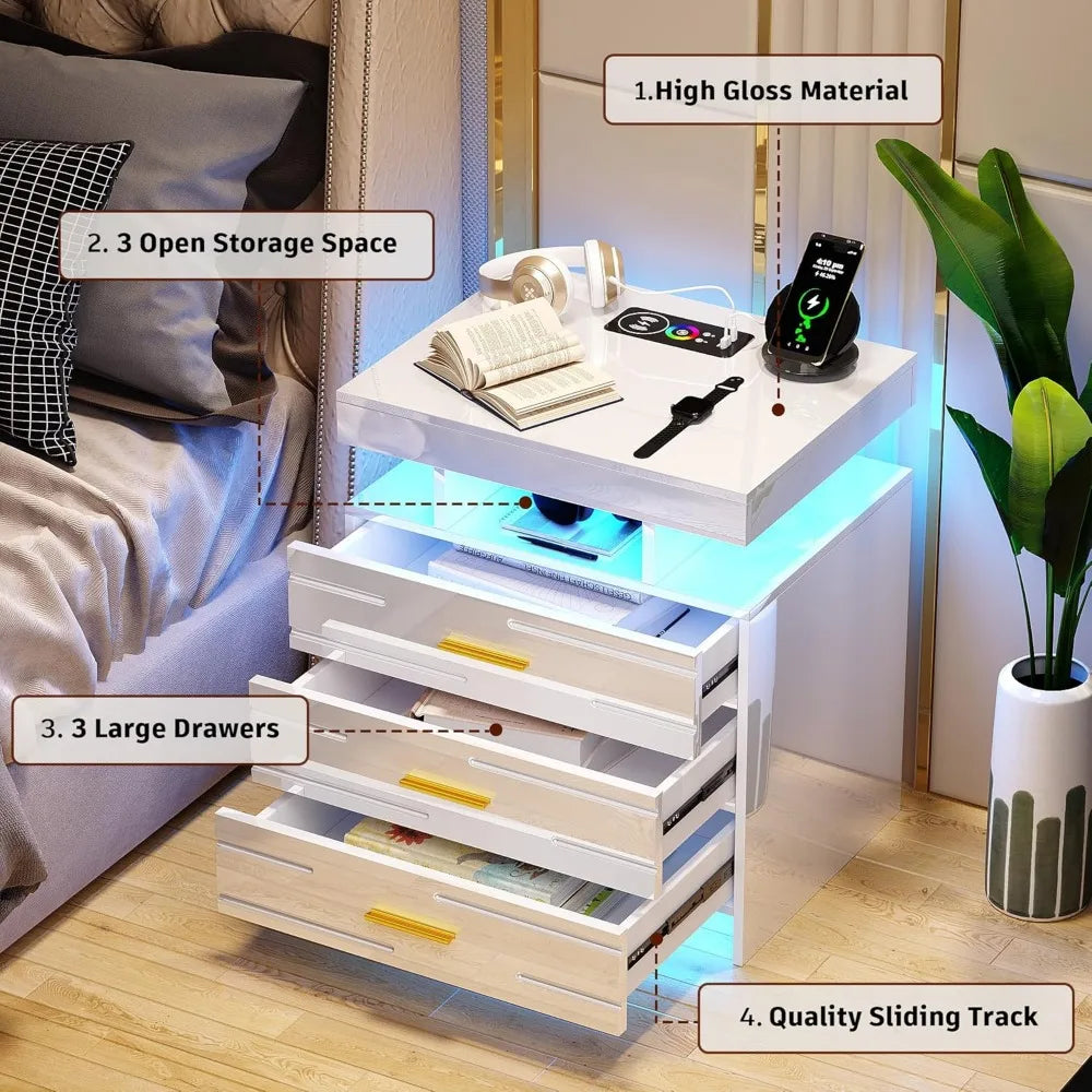 Bedside Table Nightstand with 24 Color LED Light  (White,1PC)