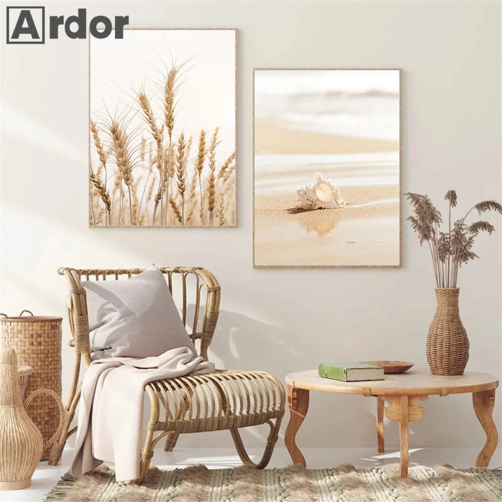 Boho Beige Beach Starfish, Shells, Reeds, Bike, Wall Art Canvas Prints For Your Home Décor