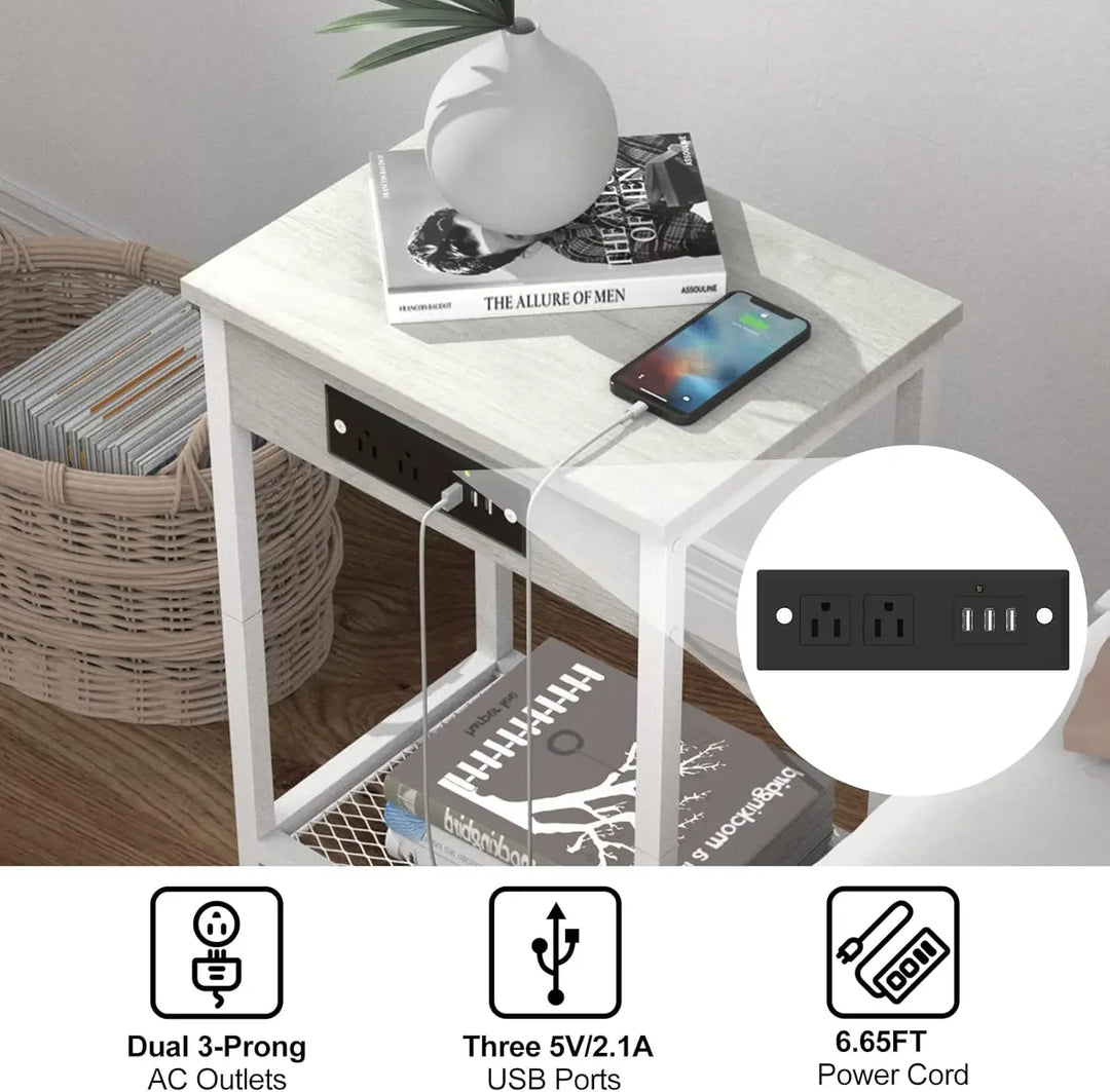 Nightstands Set of 1 with Charging Station, 2 Tier Bedside Table with USB Ports and Outlets, Narrow End Table with Storage Shelf