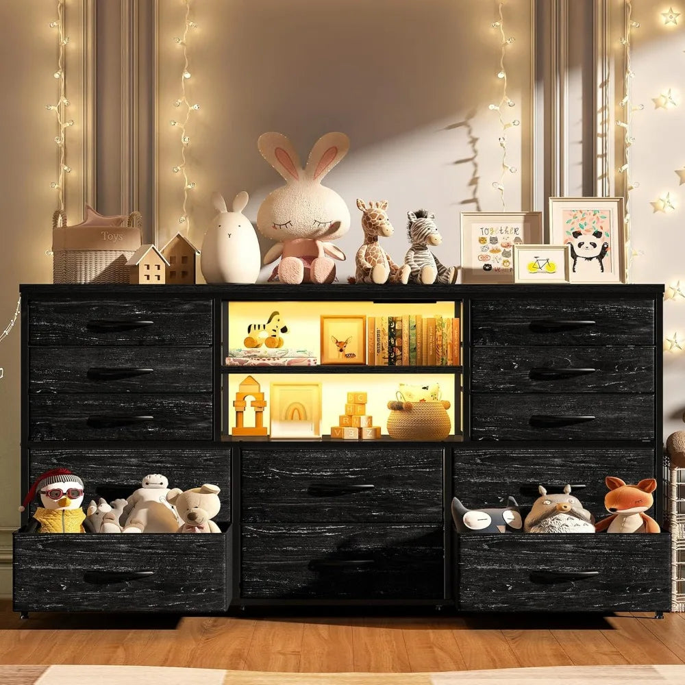 Dresser with LED Lights & Power Outlets, 12 Drawers Dresser TV Stand for 60''TV for Bedroom Dresser Fabric Dressers