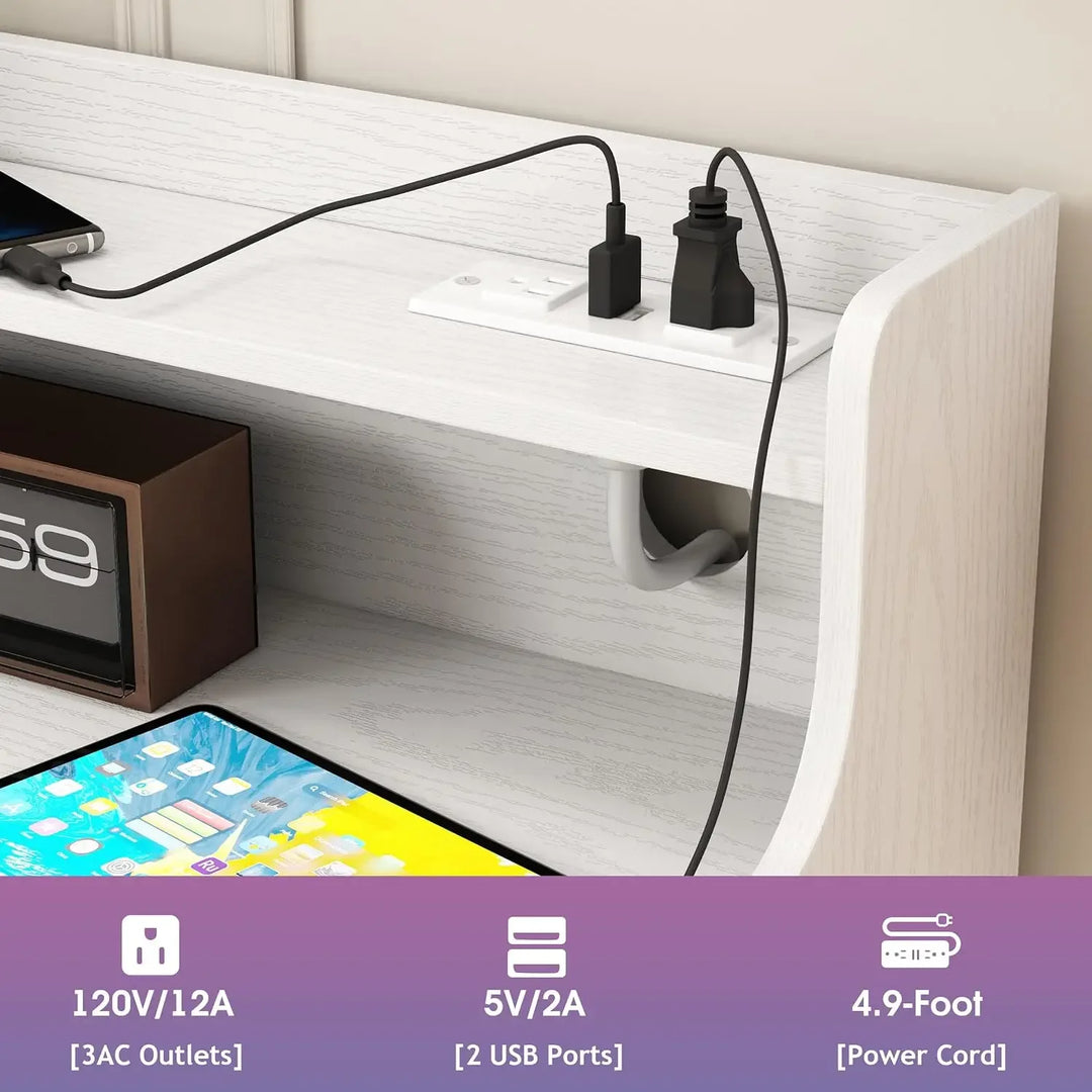 White 6 Drawer Dresser for Bedroom,Wide Chest of Drawers with Fence&Led Lights,Modern Wood Dresser with Charging Station