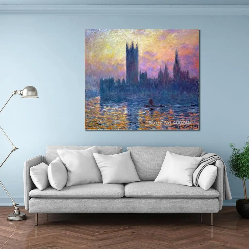 Impressionist Landscape Canvas Art Claude Monet Painting The Houses of Parliament Sunset Artwork Living room Decor High Quality