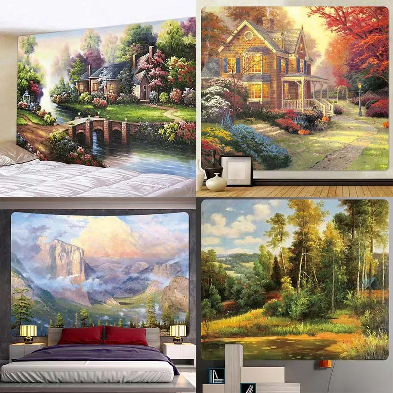 Fairy Tale Forest Castle Oil Painting Wall Hanging Office Living Room Tapestry Home Wall Decoration Tapestry