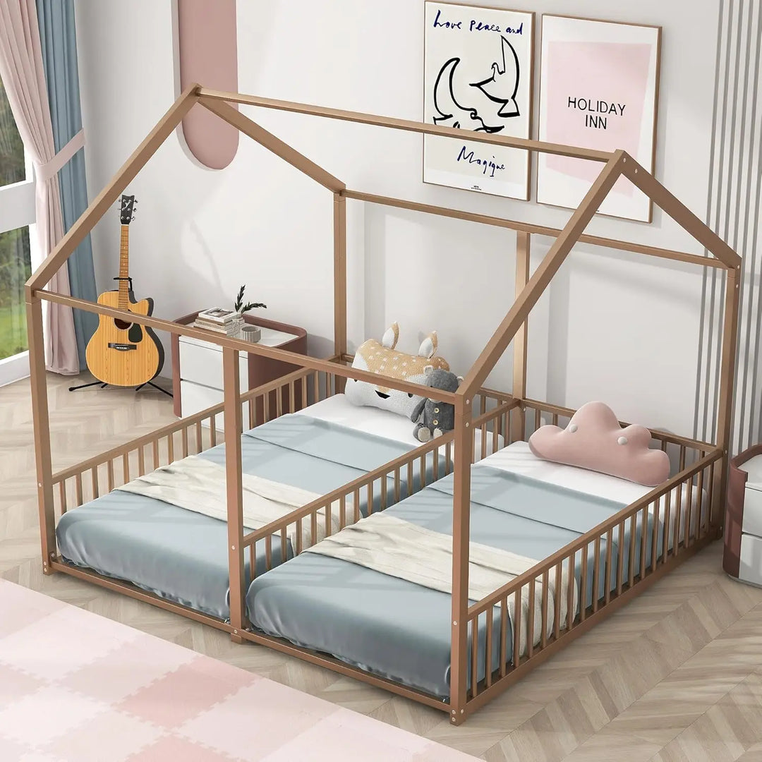 Bellemave Double Twin House Bed,Twin Size House Platform Beds,Two Shared Beds,Metal Floor Bed Frame with Rails