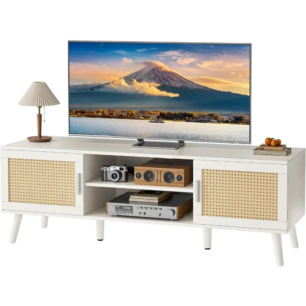 for Living Room Tv Stand Solid Wood Feet Furniture Rattan TV Console With 2 Cabinets Entertainment Center With Adjustable Shelf