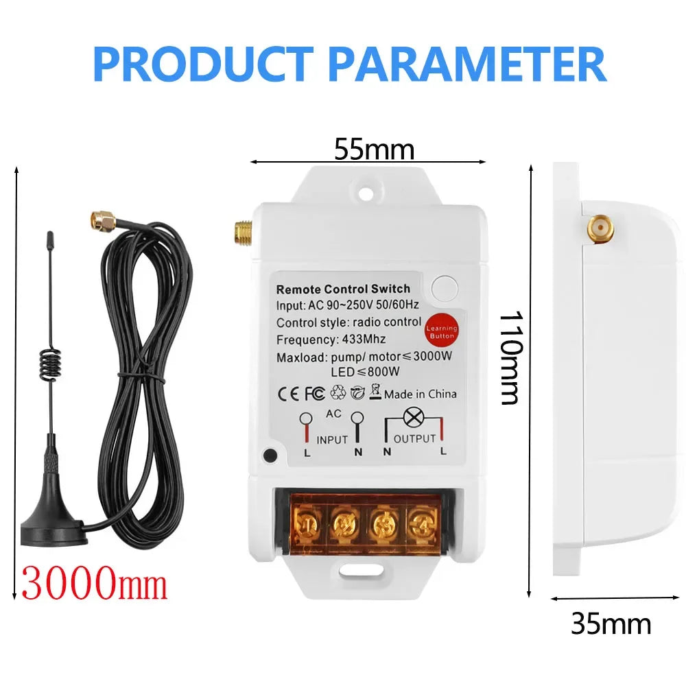 RF 433 Mhz Universal Wireless Remote Control Switch 110V 220v 30A  3000M Remote Control for Electric Gate Light water pump