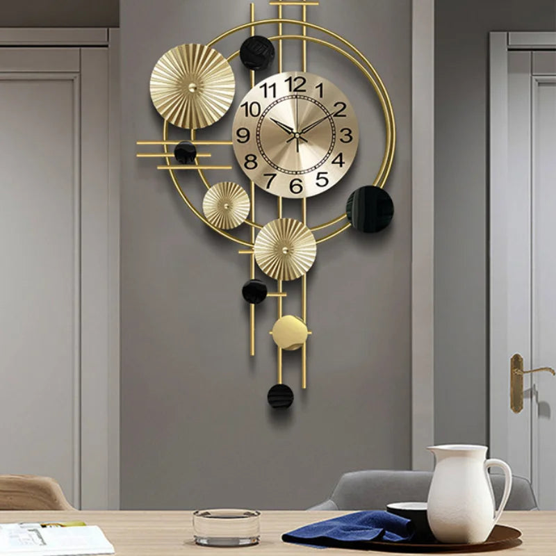 Large Wall Clock Gold Nordic Living Room Art Lotus Leaf Hanging Watch Circular Geometry Pointer Mute Wall Clock Home Decoration