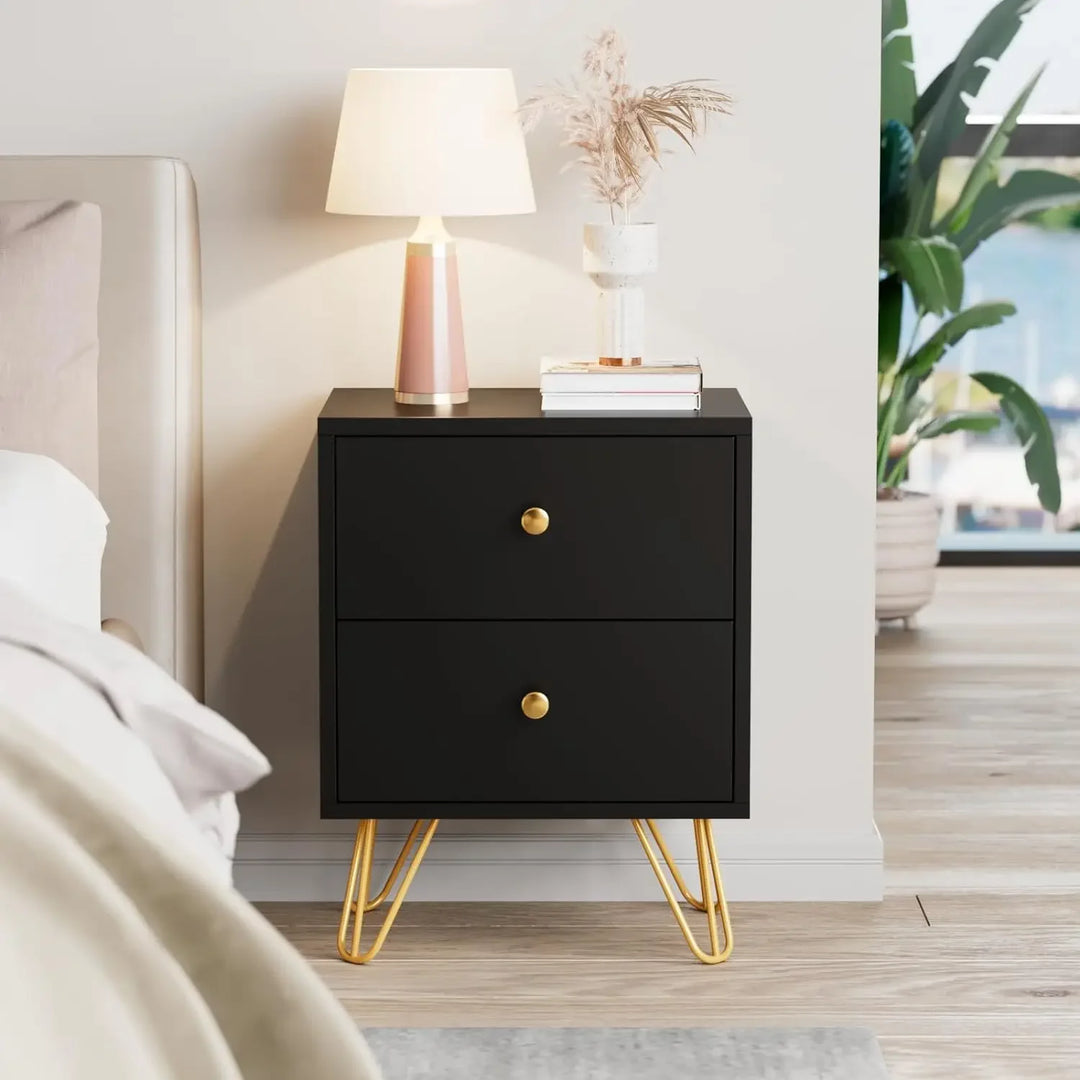 Nightstand, End Side Table, Bedside Table with 2 Drawers Night Stand Metal Legs and Knobs for Bedroom Living Room