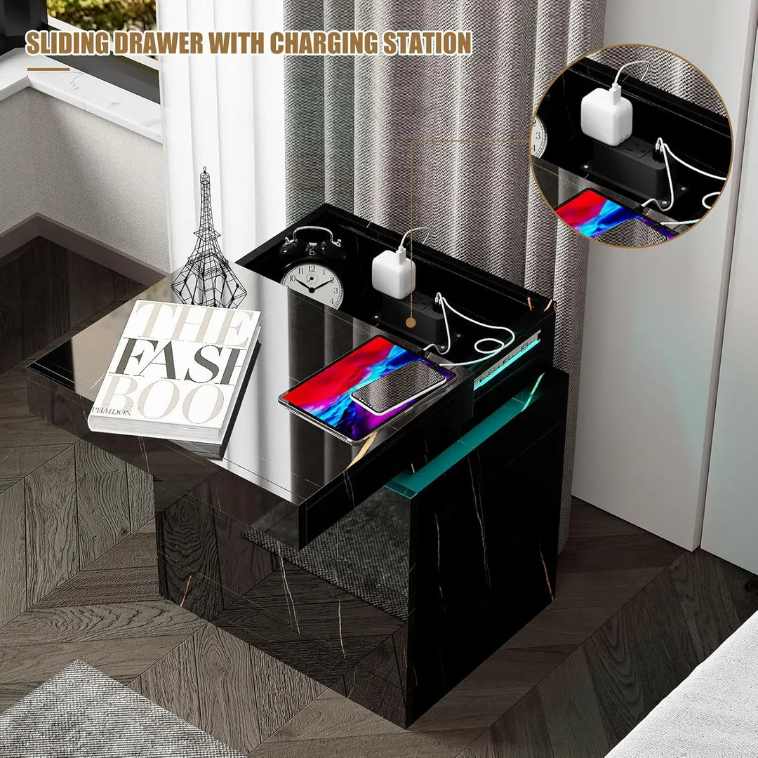 Black Faux Marble Nightstand Charging Station and Modern LED Lights w/ Sliding Top!