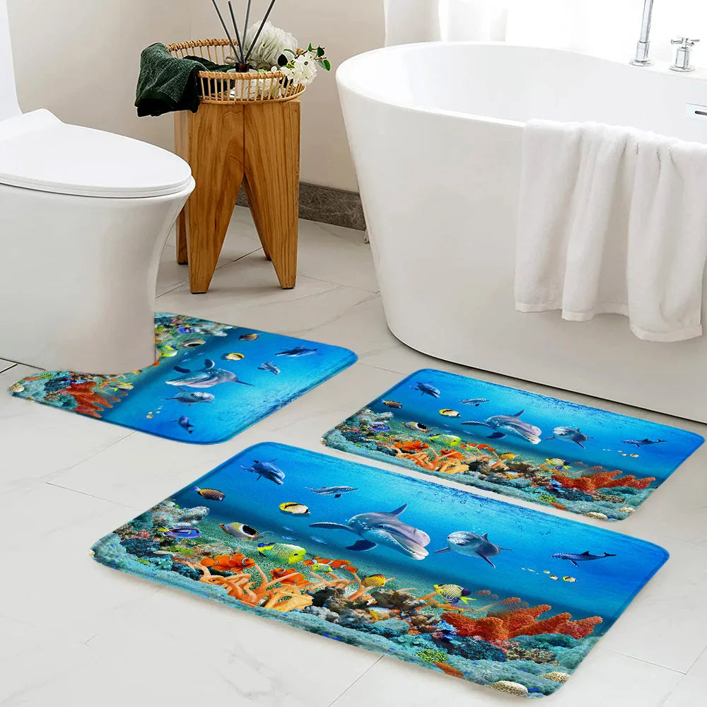 Ocean Animals Bath Mat Set Funny Dolphins Sea Turtle Fish Coral Underwater Scenery Kids Bathroom Decor Non-slip Rug U-shaped Mat