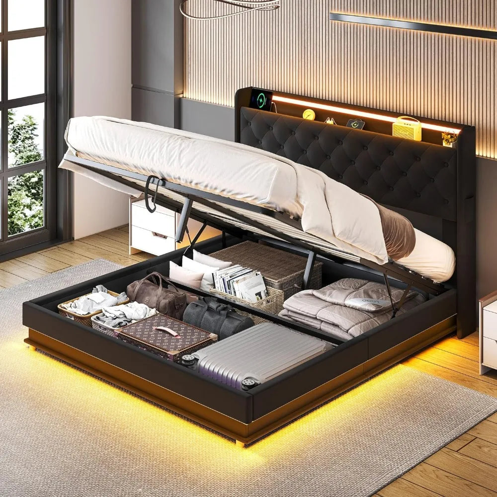 Lift Up Storage Bed Queen with Headboard and Storage, Black Upholstered Storage Bed, Led Queen Size Bed Frame w Charging Station