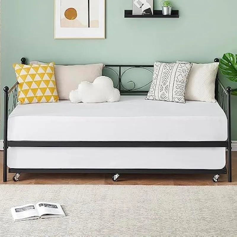 Metal Daybed Frame with Trundle Heavy Duty Metal Slats/Mattress Foundation Platform Sofa Bed with Headboard for Bedroom,