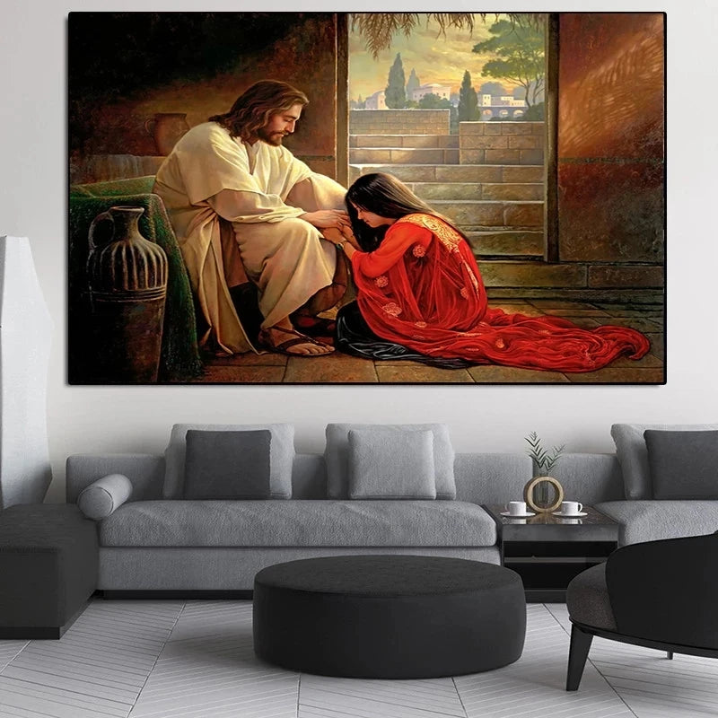 Famous Classical Christian God Canvas Painting Jesus Herding The Sheep Posters and Prints Wall Art Picture for Living Room Decor