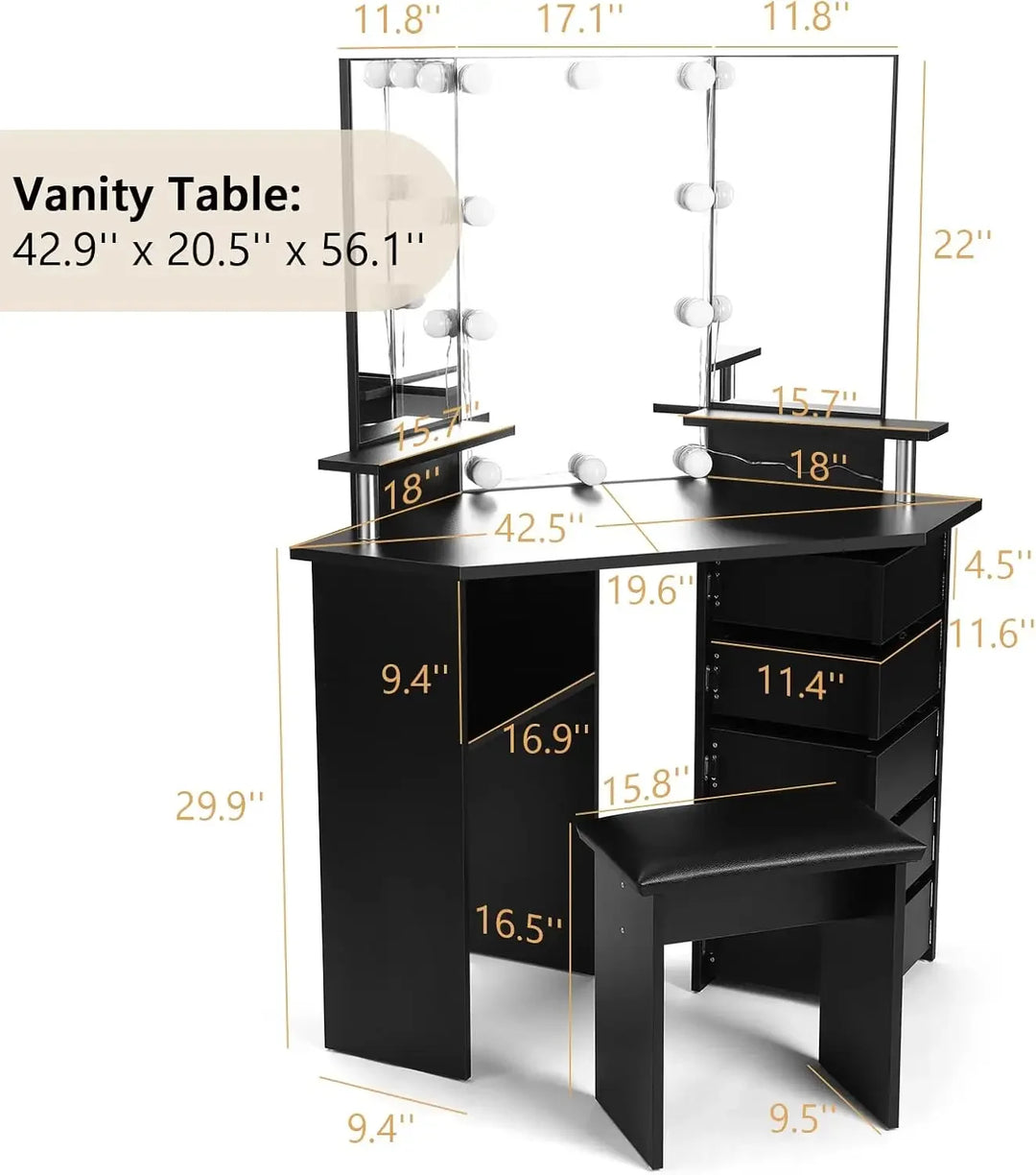 Vanity with Lights - Makeup Vanity Desk with 3 Color Lighting Modes Adjustable Brightness, Vanity Table with 5 Rotating Drawers