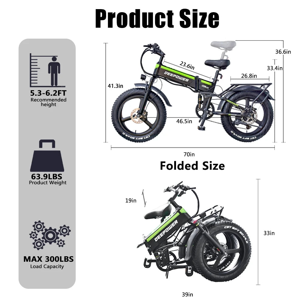 DEEPOWER 2000W Adults Electric Bike Bicycle 48V 25AH 20 Inch Fat Tire Folding Electric E Bikes Mountain Oil Brake 2000W Ebike