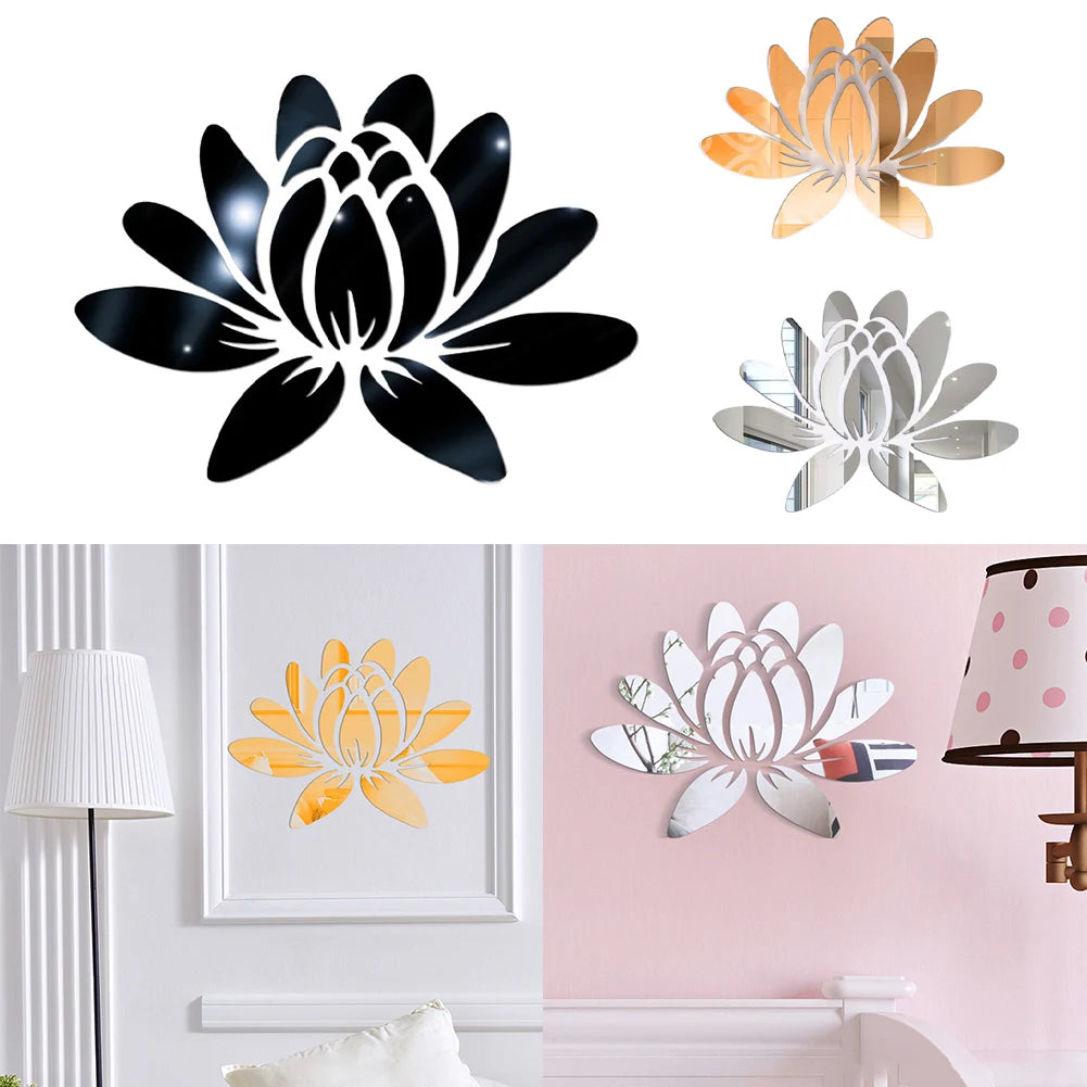 3D Lotus Flower Mirror Wall Sticker, Removable Acrylic Art Mural For Wall Décor