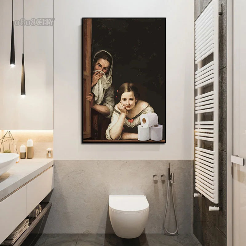 Funny Bathroom Toilet Poster Mona Lisa and Wearing Pearls Girl with Roll Paper Canvas Prints Posters Home Toilet Wall Art Decor