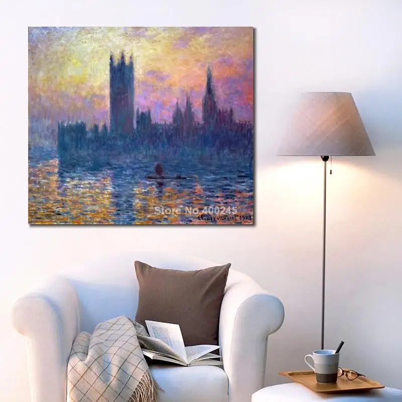 Impressionist Landscape Canvas Art Claude Monet Painting The Houses of Parliament Sunset Artwork Living room Decor High Quality