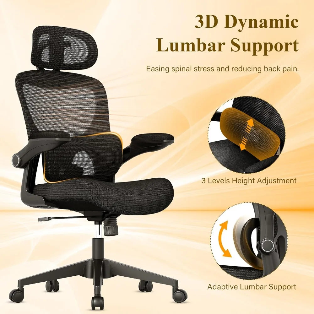 Ergonomic Mesh Office Chair, High Back Desk Chair with Adjustable Lumbar Support, Flip-Up Arm, Headrest, Swivel Rolling Wheel