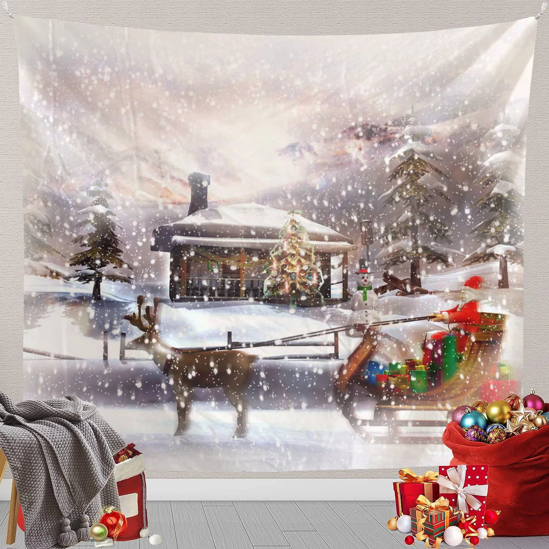 Christmas Scene Snowman, Santa Claus, Wall Tapestry Art