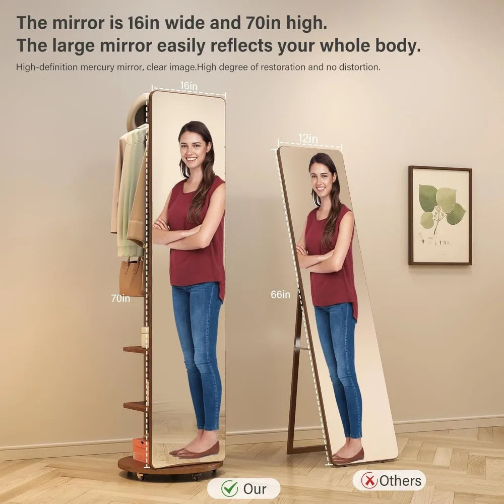 Full Length Mirror with Brake Wheels, 70"x16", Unique Solid Wood Oversized Floor with Coat Rack, Full Body for Bedroom