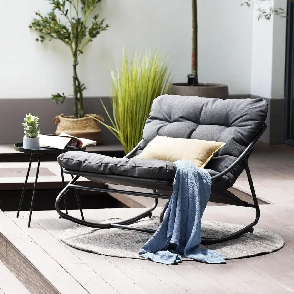 Rocking Chair Outdoor & Indoor, Metal Patio Lounge Rocking Chair with Thick Cushion,Comfy Modern for Living Room,Porch,Backyard