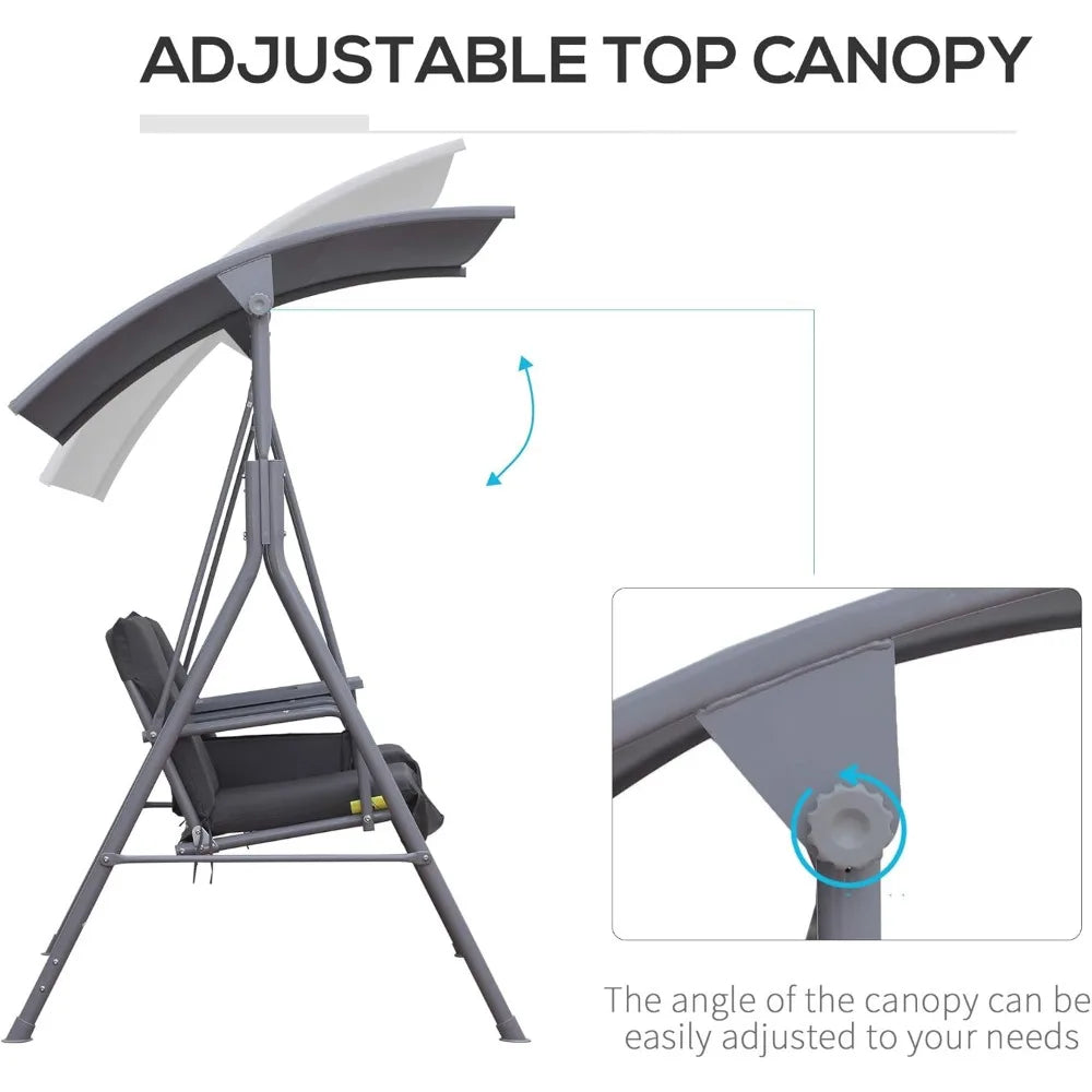 2 Person Porch Swing with Stand, Outdoor Swing with Canopy, Pivot Storage Table, 2 Cup Holders, Cushions for Patio, Backyard