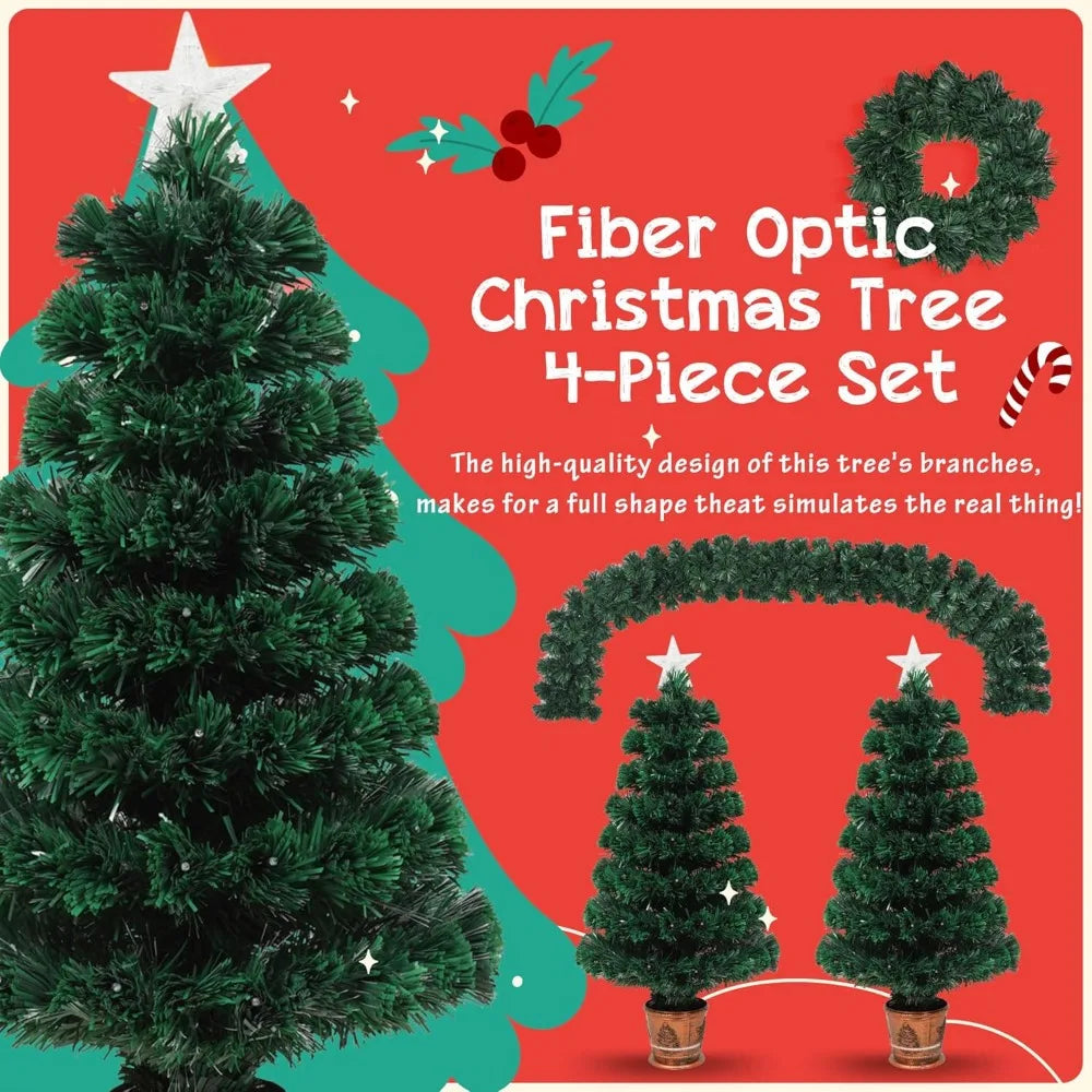 4-piece Christmas Tree Wreath Set, 2 7.2-foot Fiber Optic Christmas Tree Wreaths and Wreaths, Christmas Day Decoration