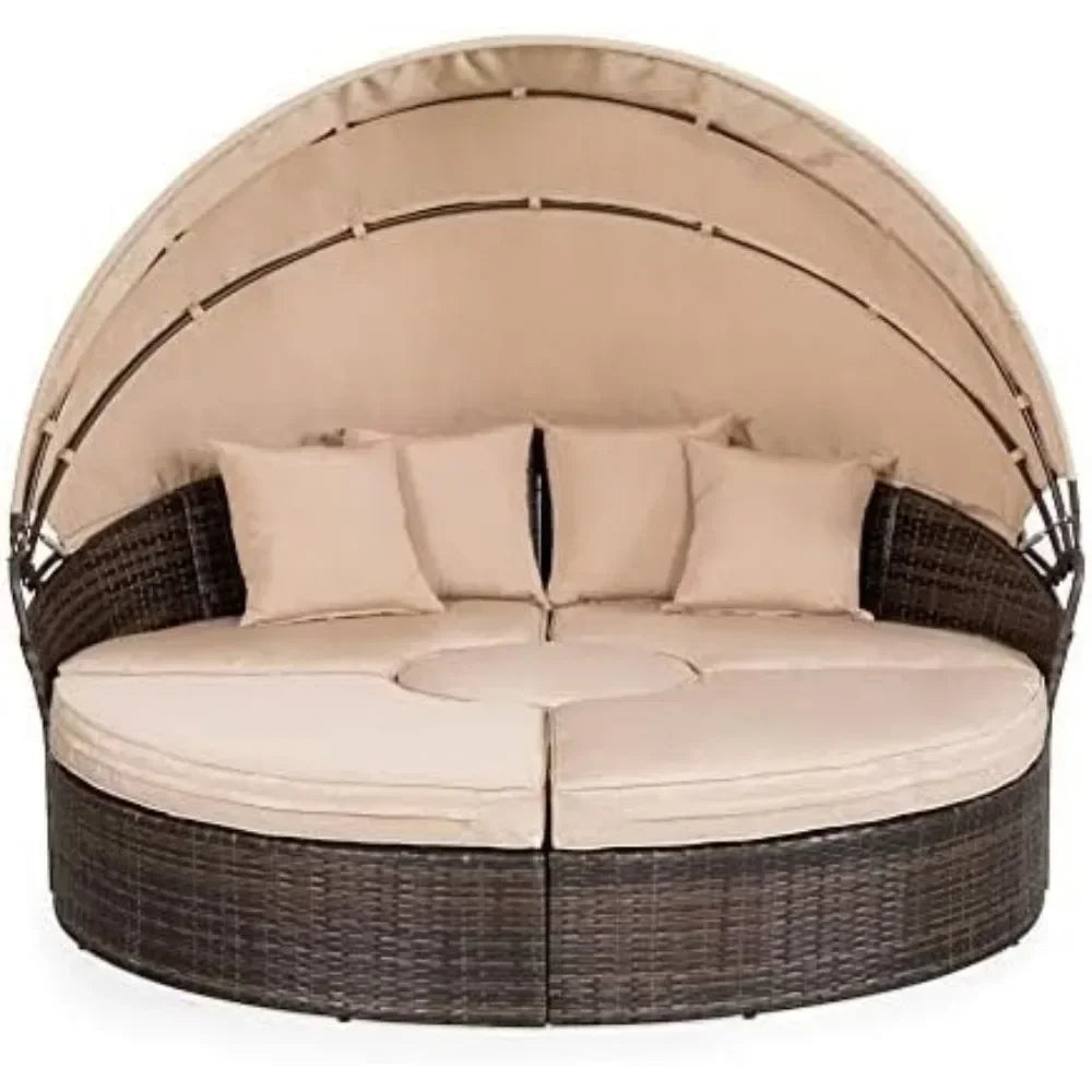 Outdoor Patio Canopy Bed Round Daybed with Washable Cushions, Clamshell Sectional Seating Wicker Furniture with Retractable